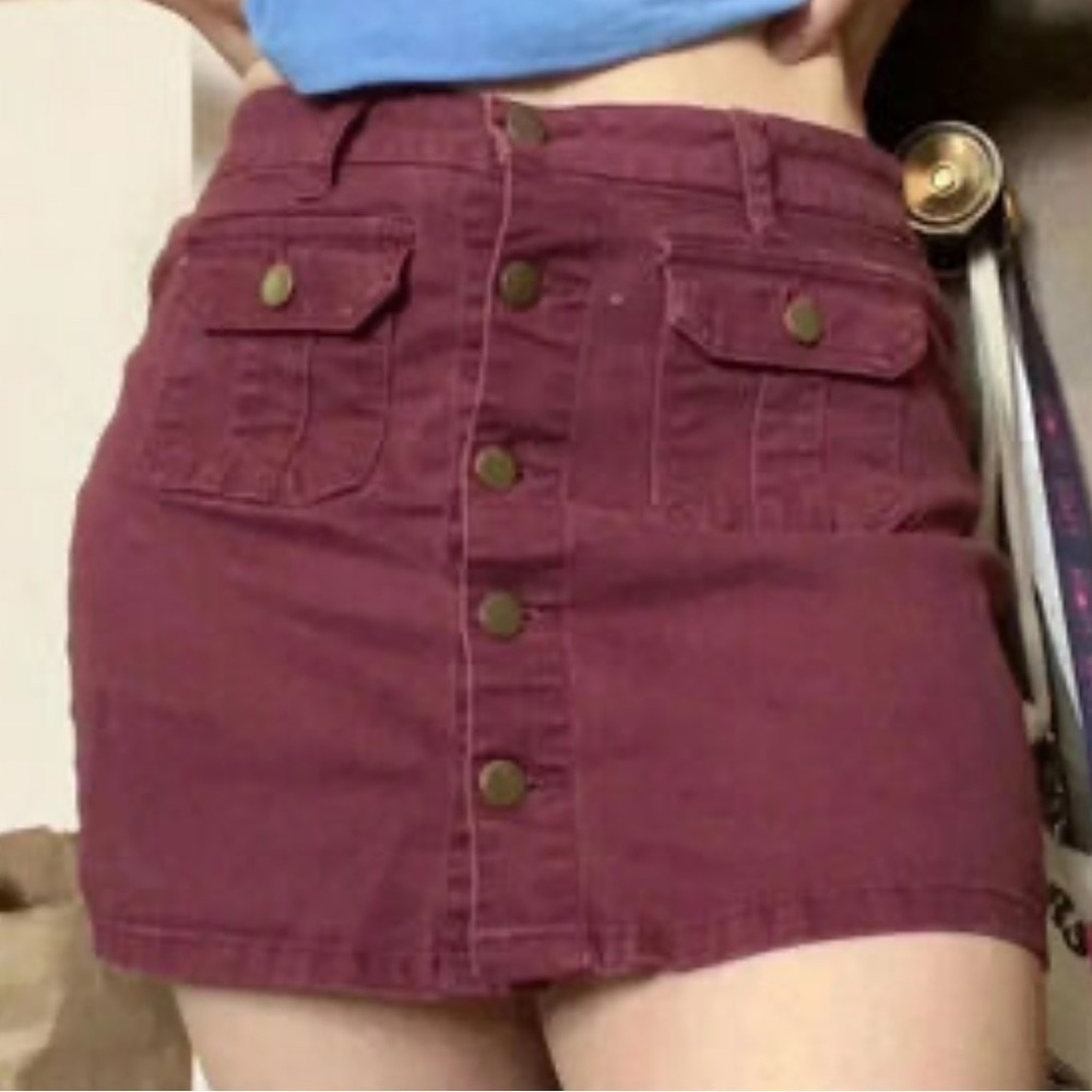 Altar’d State Burgundy Miniskirt Cotton Blend Front Patch Pockets Stretch Large - Picture 6 of 6